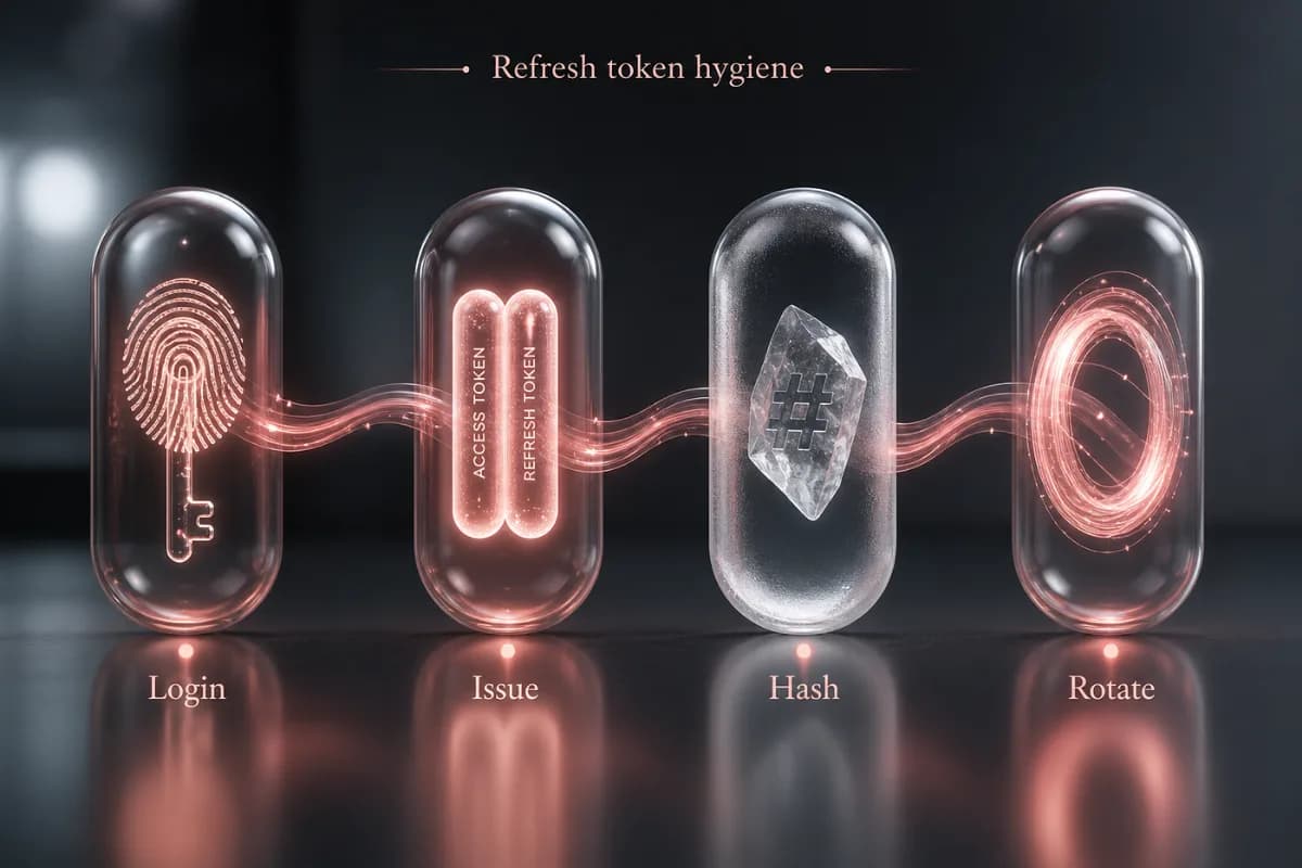 Four capsules showing the refresh token lifecycle: login, issue, hash, rotate