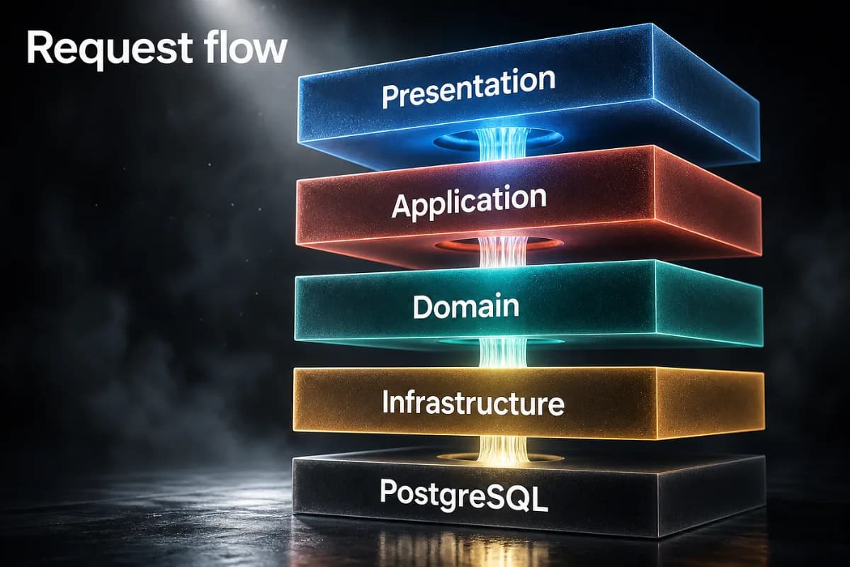 Stacked layers — Presentation, Application, Domain, Infrastructure, PostgreSQL — with a request flowing down through them